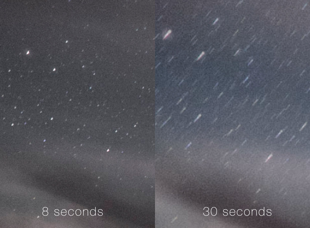 With a standard (50mm) lens, an 8-10 second exposure will prevent star trails. 