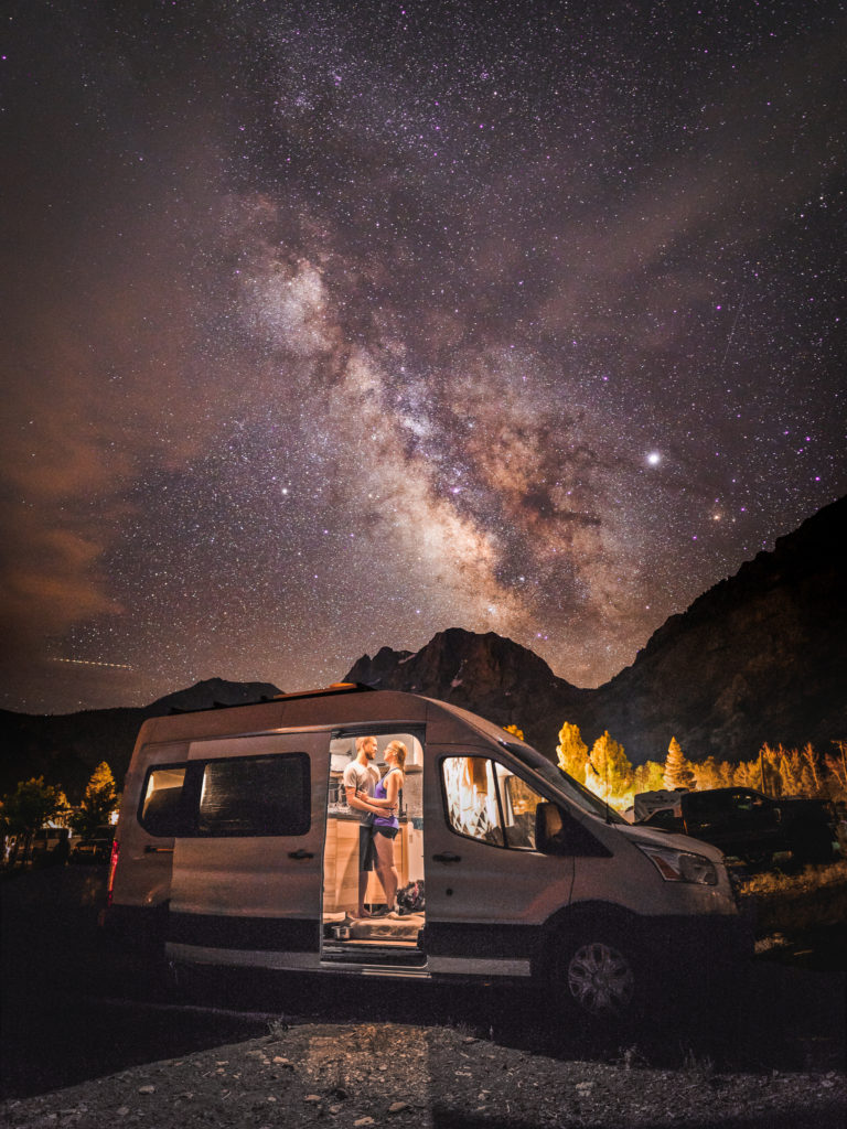 Diana and Ian of Lonely Speck in their campervan at Silver Lake, CA, 35 minutes from Mammoth Lakes.