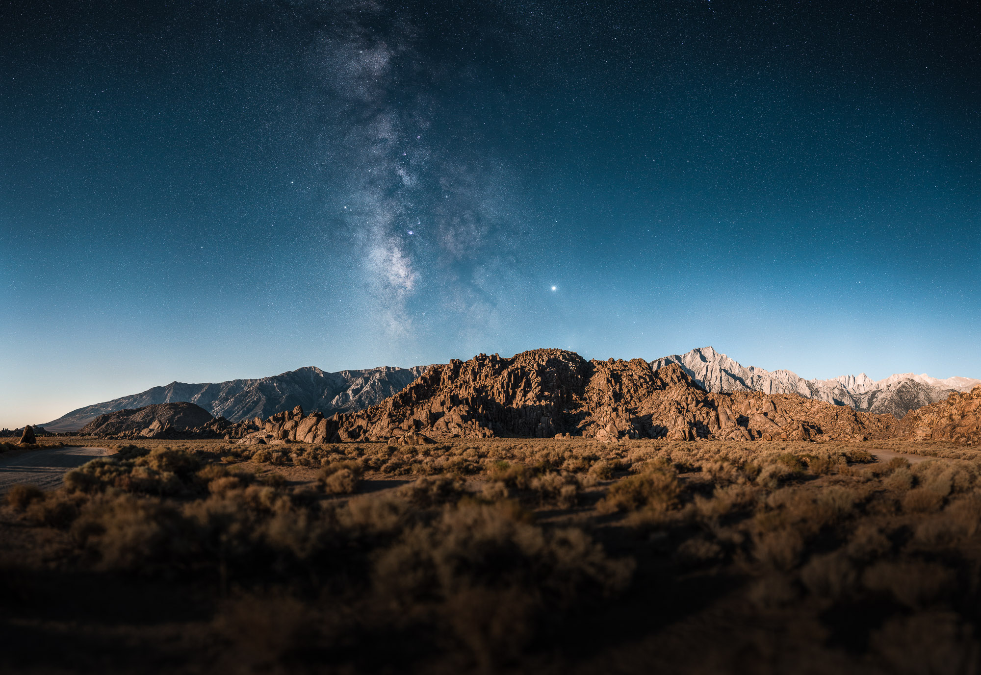 Alabama Hills and the Milky Way at moonrise shot on the Sigma 105mm f/1.4 DG HSM Art Lens